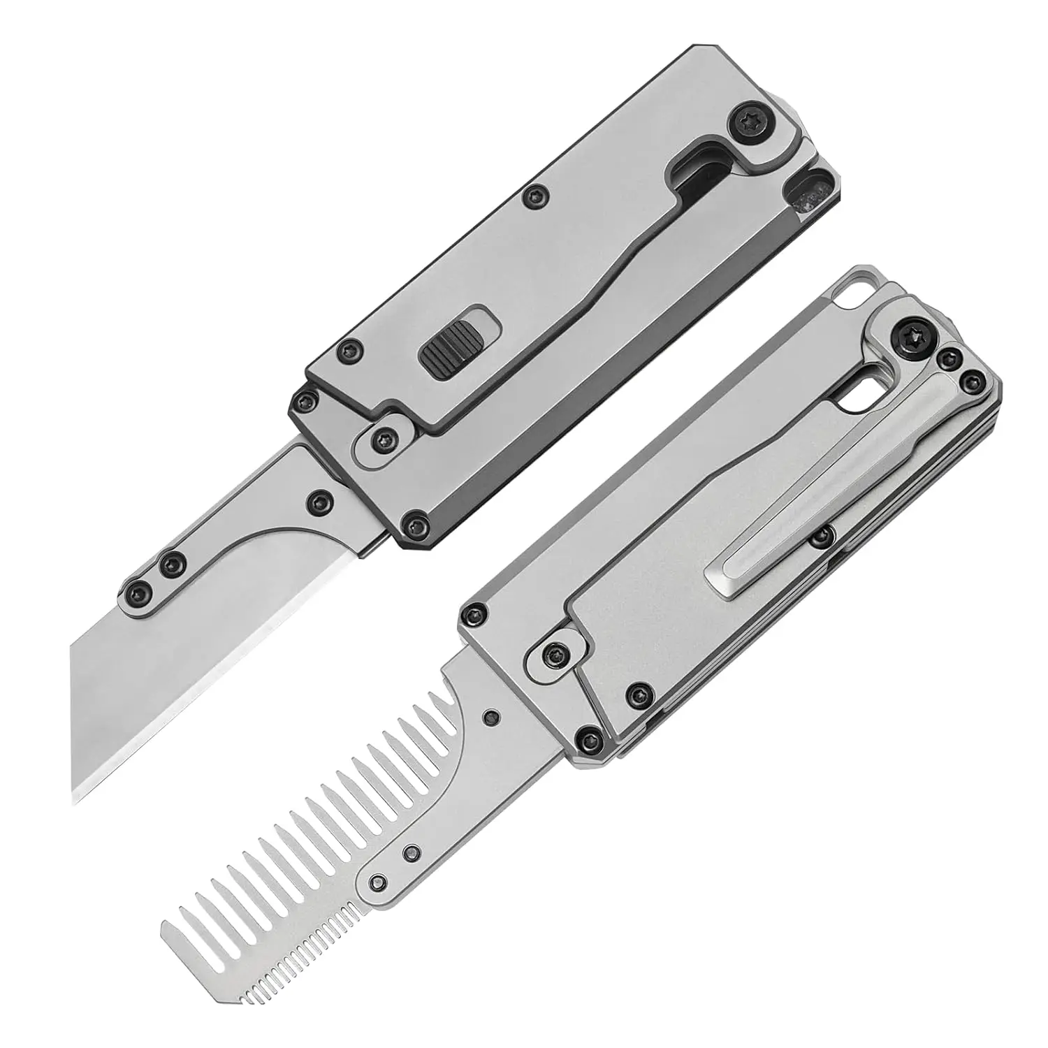 Comb Pocket Titanium - FEGVE TC347 2-in-1 チタンハンドル キャロットユーティリティ、ヘアベアードコーム、格納式ボックスカッター